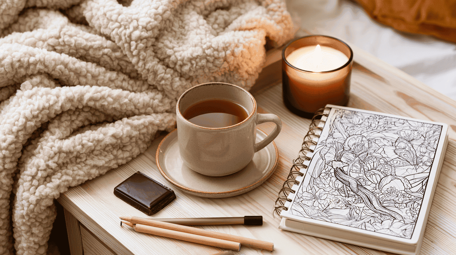 Beterschap cadeau met thee, chocolade, kaars en een warme plaid op een nachtkastje