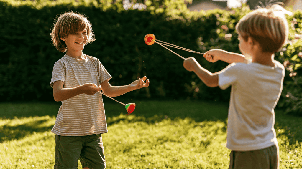 Jongens van 8 jaar spelen buiten met een diabolo en een slingpuck