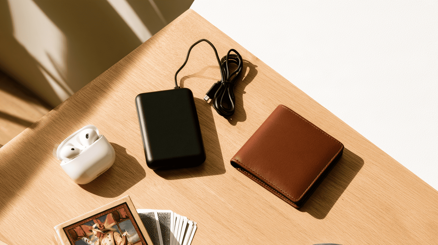 Cadeau jongen 16 jaar: oordopjes, powerbank, portemonnee en kaartspel op een bureau