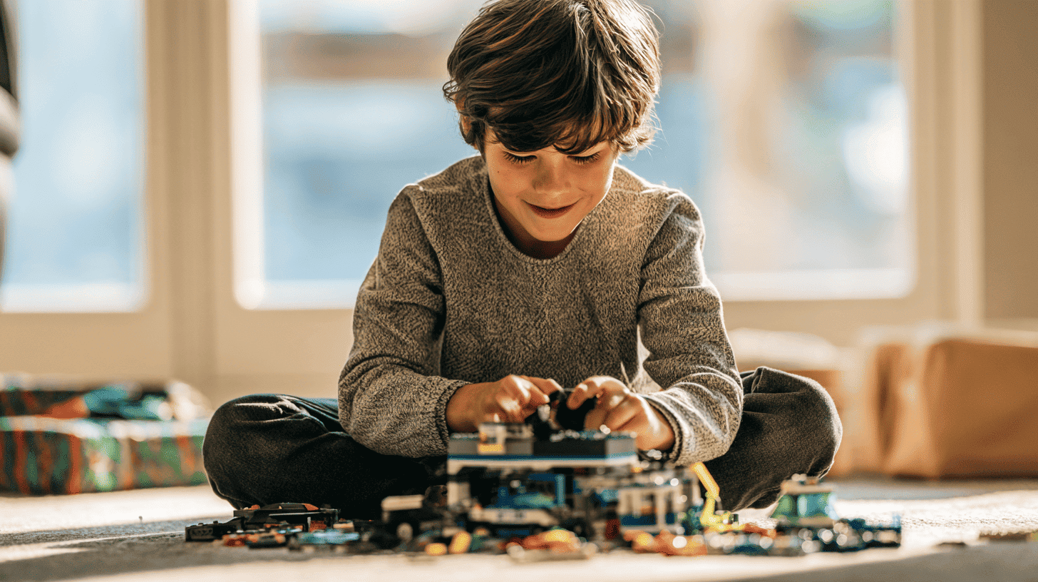 Jongen van 8 jaar bouwt een LEGO-garage als cadeau
