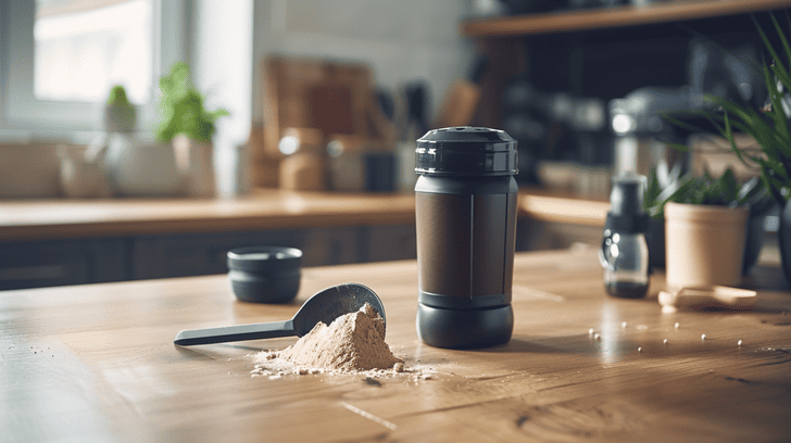 Eiwitpoeder in een shaker in de keuken