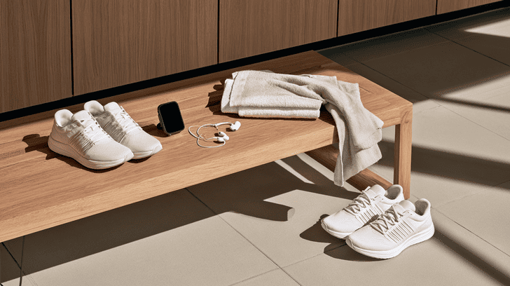 Gadgets, schoenen en handdoek in een gym kleedkamer