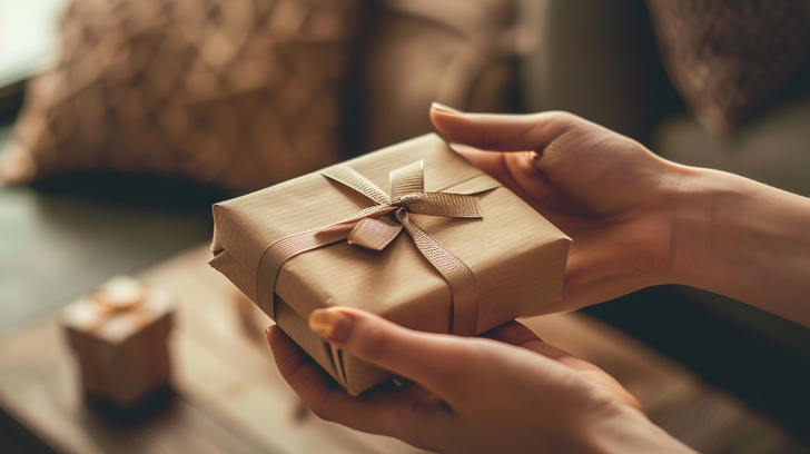 Handen geven een klein zelfgemaakt cadeau verpakt in kraftpapier met lint.