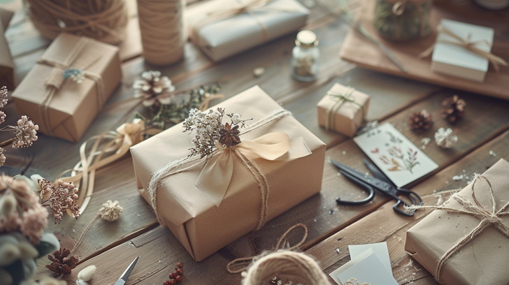 Zelfgemaakte kleine cadeautjes ingepakt met kraftpapier, lint en droogbloemen op een houten tafel.