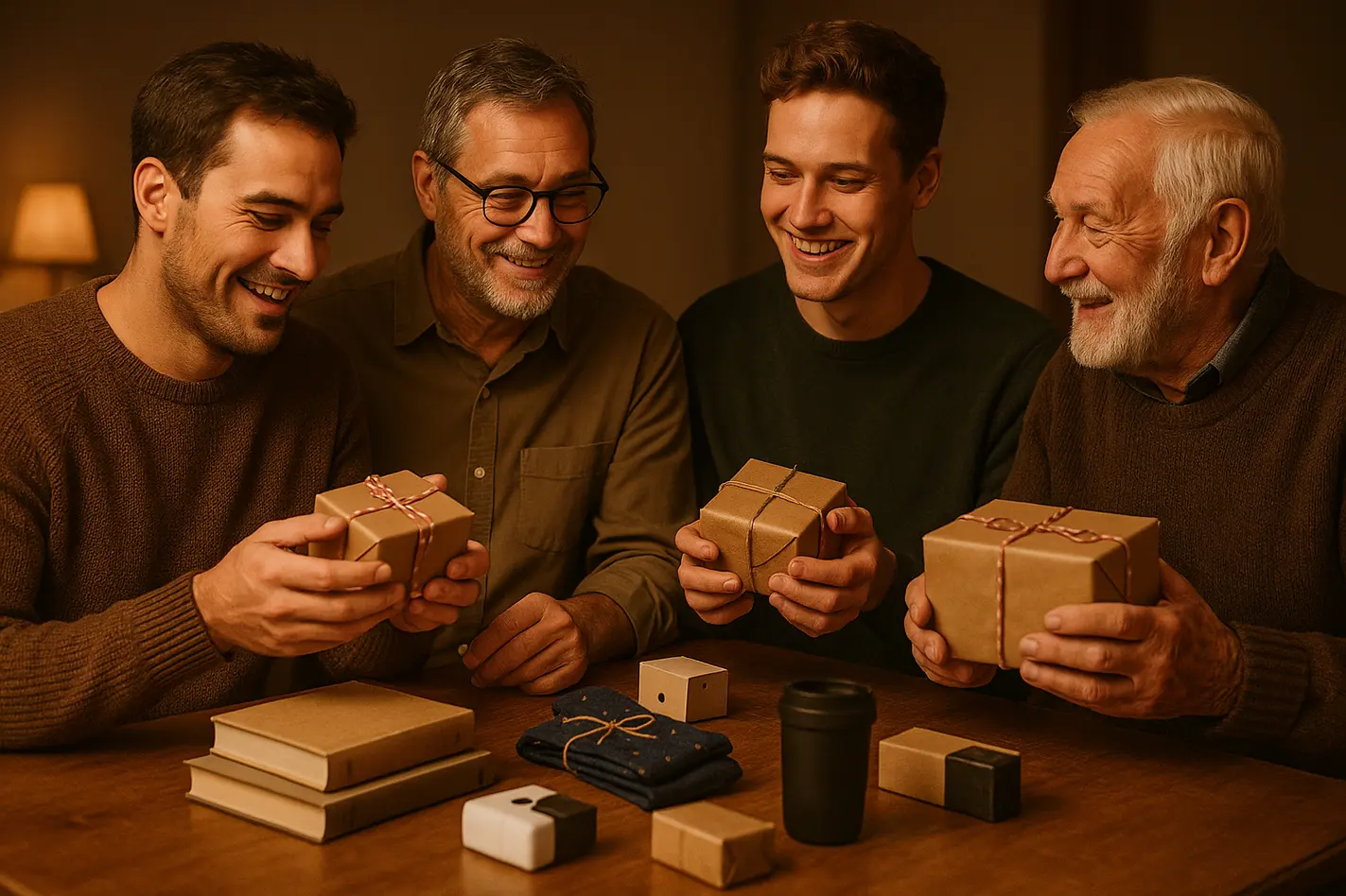 Mannen openen sinterklaascadeaus rond tafel met boeken, gadgets en persoonlijke items