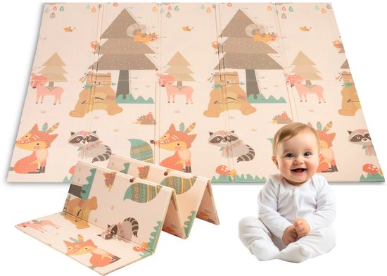 Opvouwbare baby speelmat van foam in beige met dierenprint en formaat 150 x 200 cm.