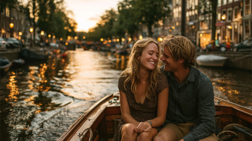 Stel geniet van een romantische boottocht door Amsterdam als bijzonder relatiecadeau.