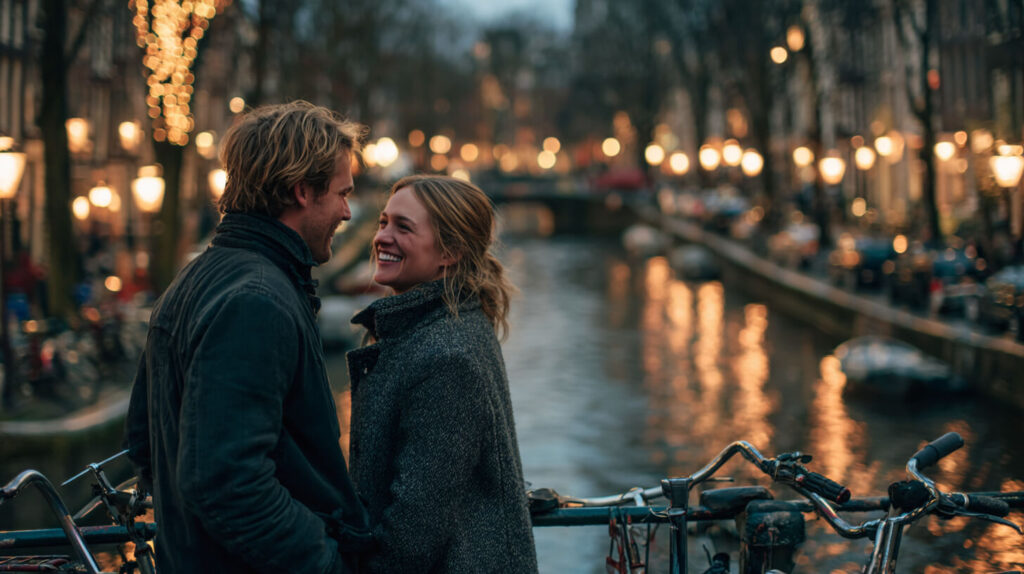 Koppel deelt een ontspannen moment langs een Amsterdamse gracht als persoonlijk relatiecadeau.