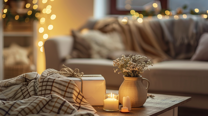 Sfeervol cadeau voor thuis met kaarsen, plaid en warme verlichting in een gezellige woonkamer.