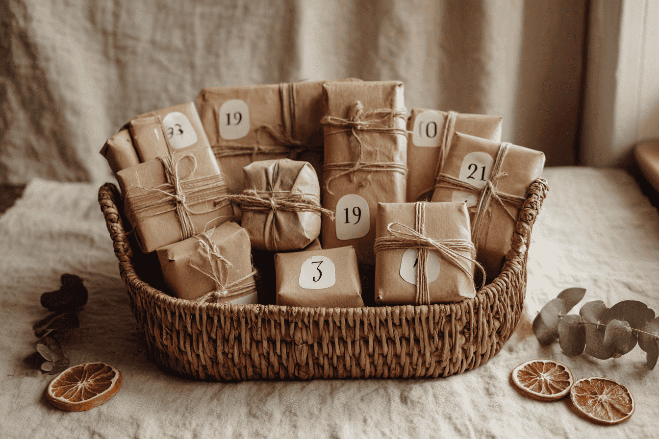 Zelf adventskalender maken: mandje met 15 pakjes in bruin papier, elk met een eigen cijfer van 1 tot 15